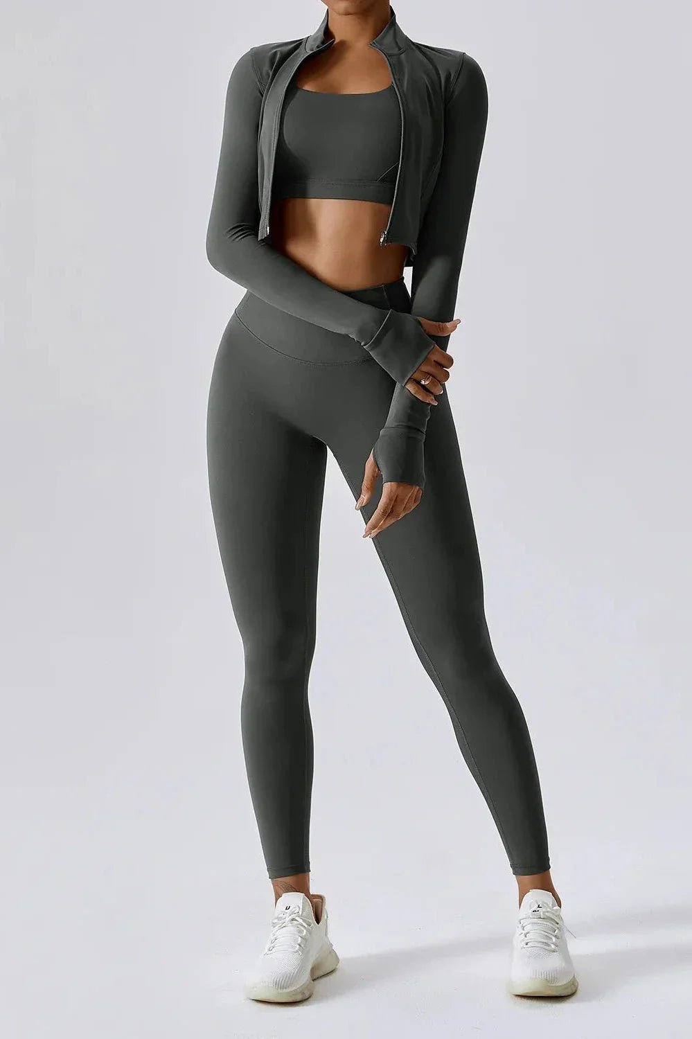 DJESSY Allt-i-ett Snyggt Topp med dragkedja och Topphög Midja Leggings för en Trendig Look Charcoal Gray