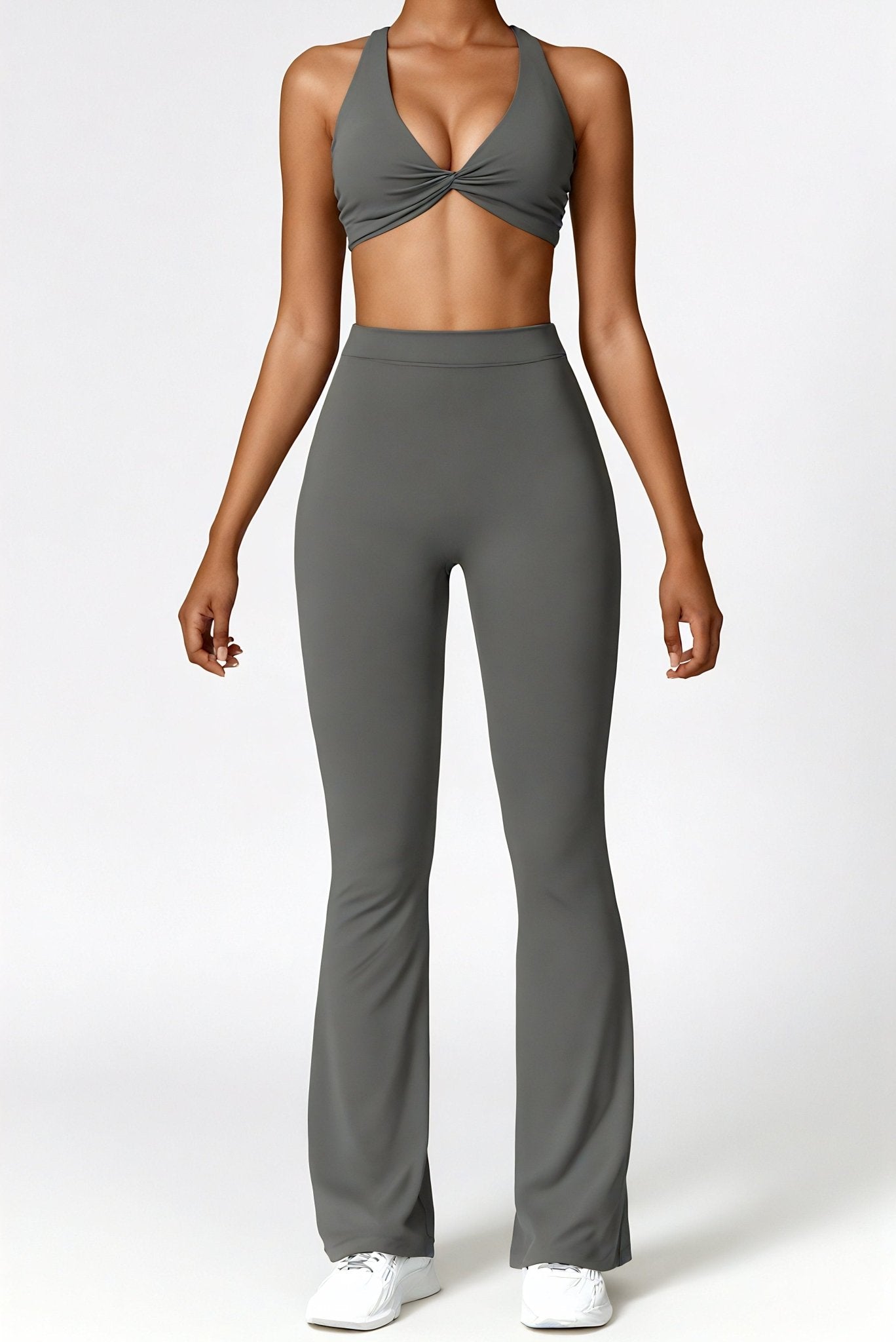 ELLIS | Elegant Flareleggings och Snygg Twist Crop Top Set - Grå