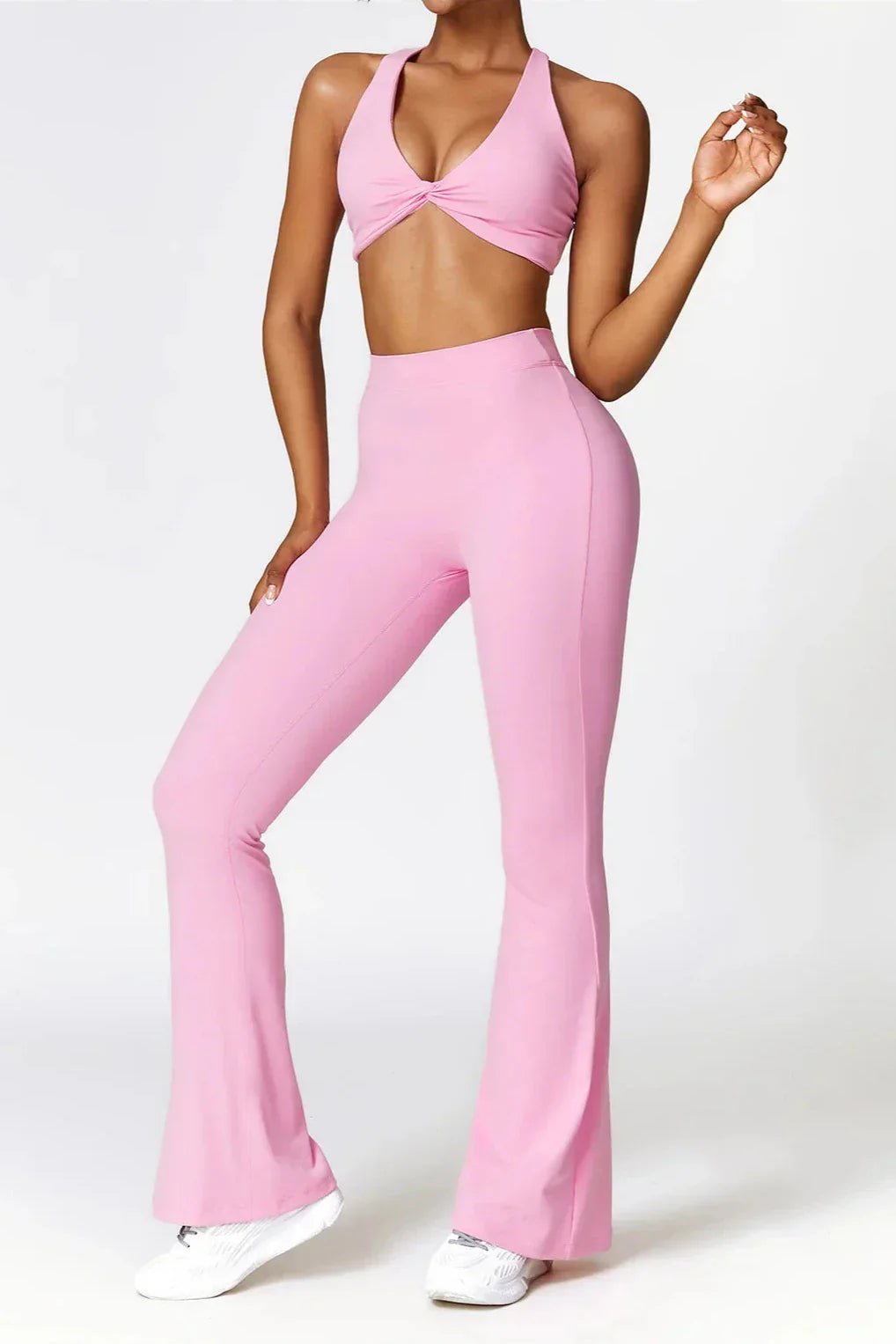 Ellis Rose Rosa Flare Leggings & Twist Crop Top Set - Elegant Slim Fit för Stil och Komfort