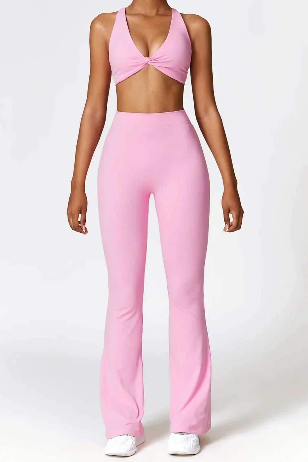 Ellis Rose Rosa Flare Leggings & Twist Crop Top Set - Elegant Slim Fit för Stil och Komfort