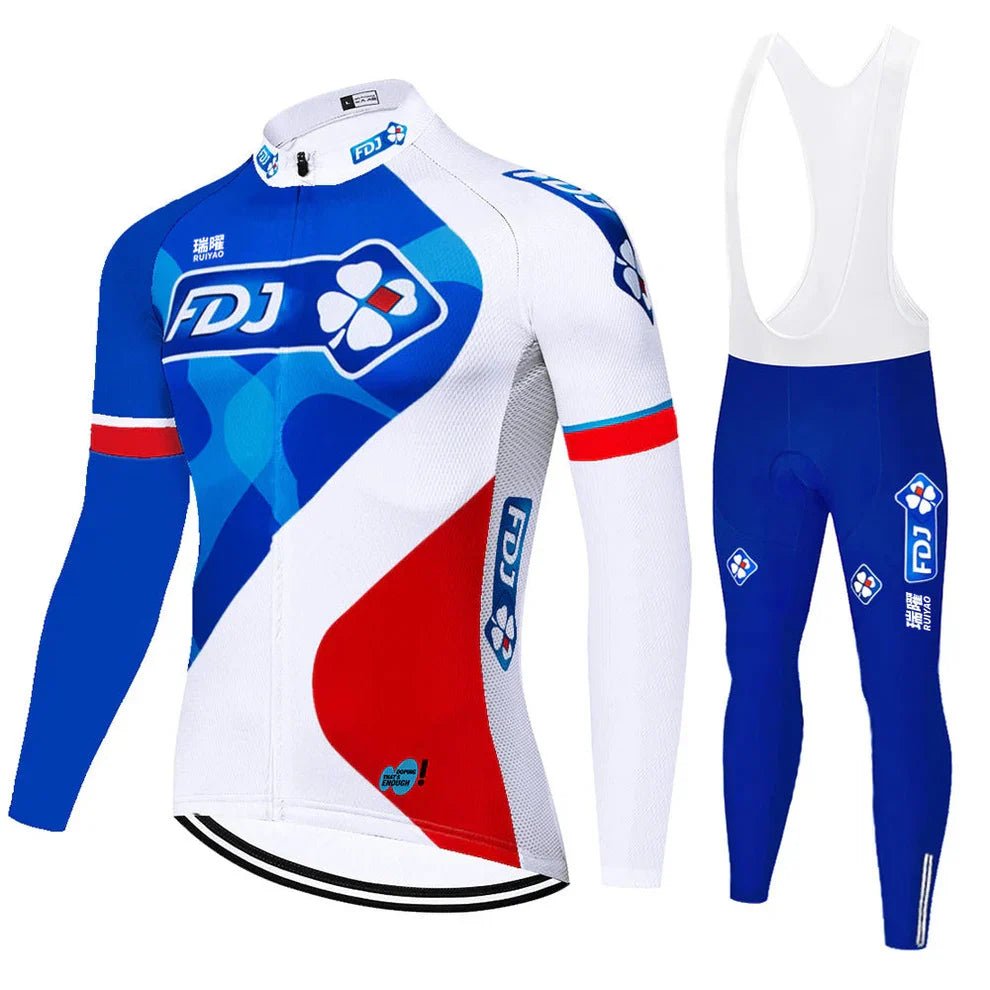 FDJ - Långärmad professionell cykelset Blå Vit